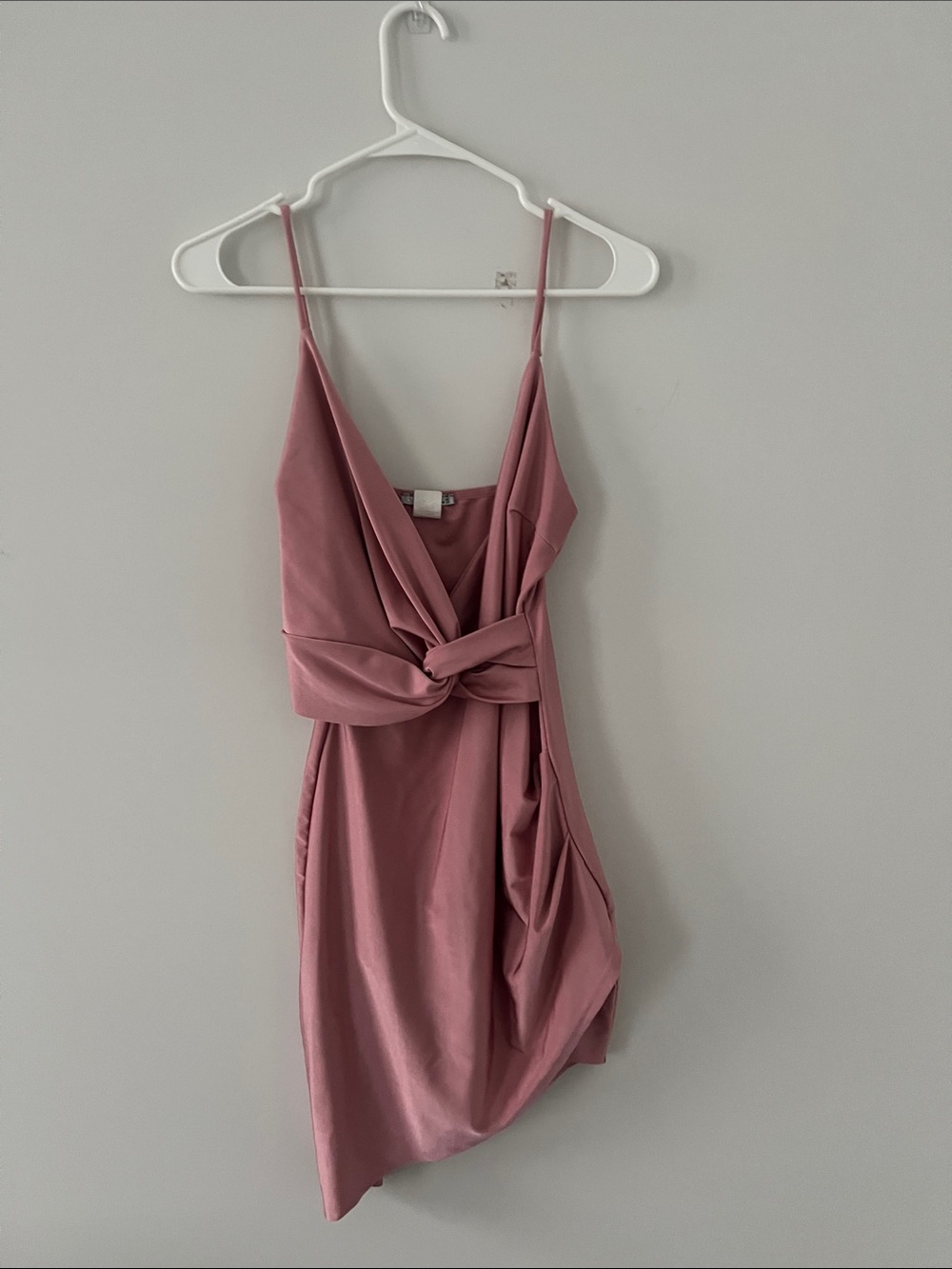 Spaghetti Strap Twist-Front Satin Dress in Mauve